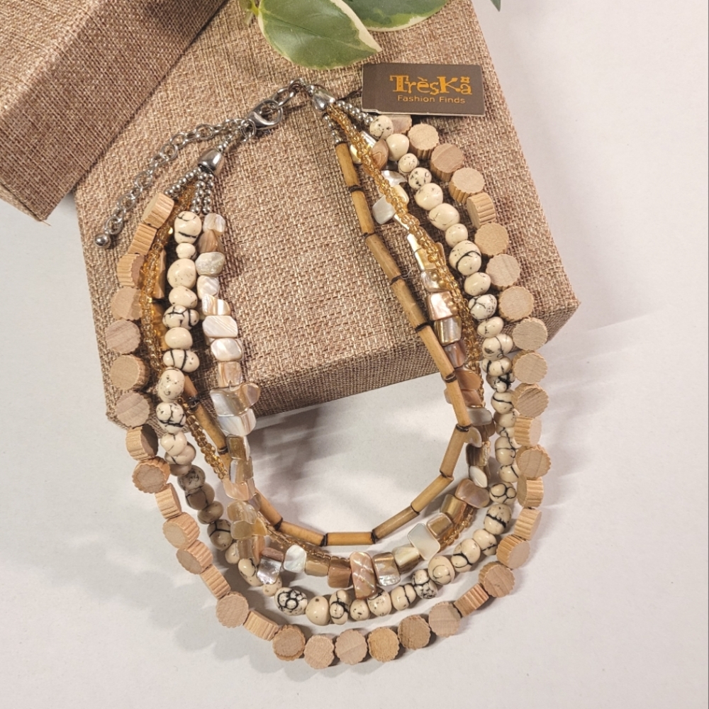 Treska Multi-Layered Beige and Brown Boho Necklace New With Tags
